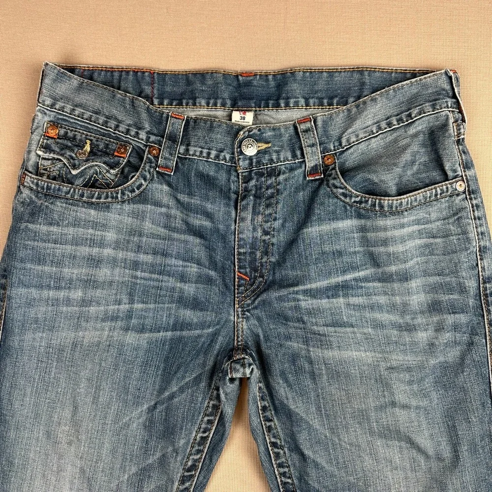 True Religion Ricky Jeans Mens 38x29 Blue Straight Flap Pocket 100% Cotton